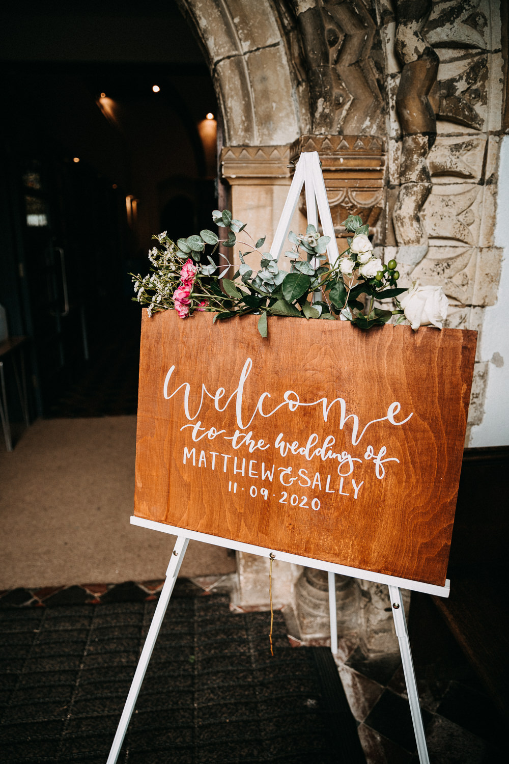 Wooden Welcome Sign Flowers Wedding At Home Emilie May Photography