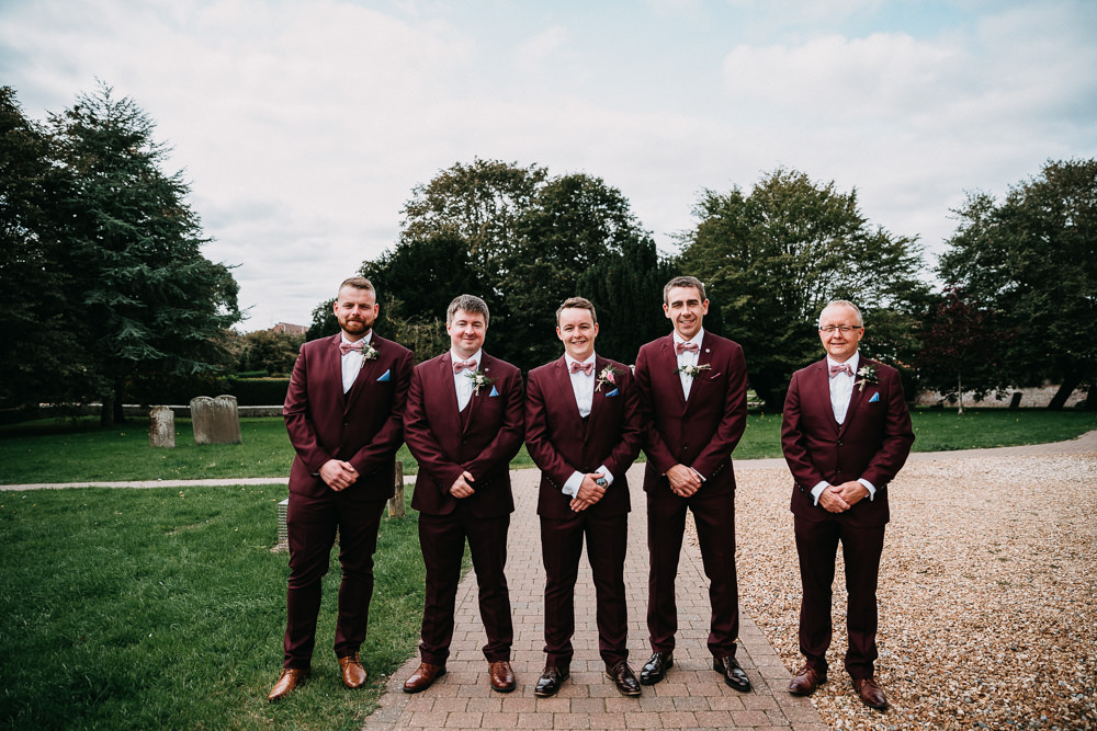 Groom Groomsmen Burdundy Red Suits Bow Ties Wedding At Home Emilie May Photography