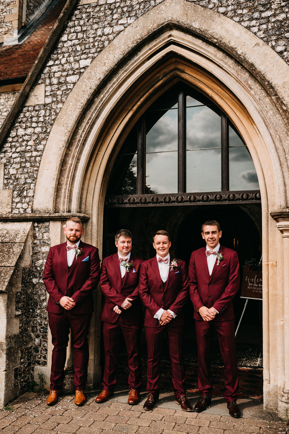 Groom Groomsmen Burdundy Red Suits Bow Ties Wedding At Home Emilie May Photography