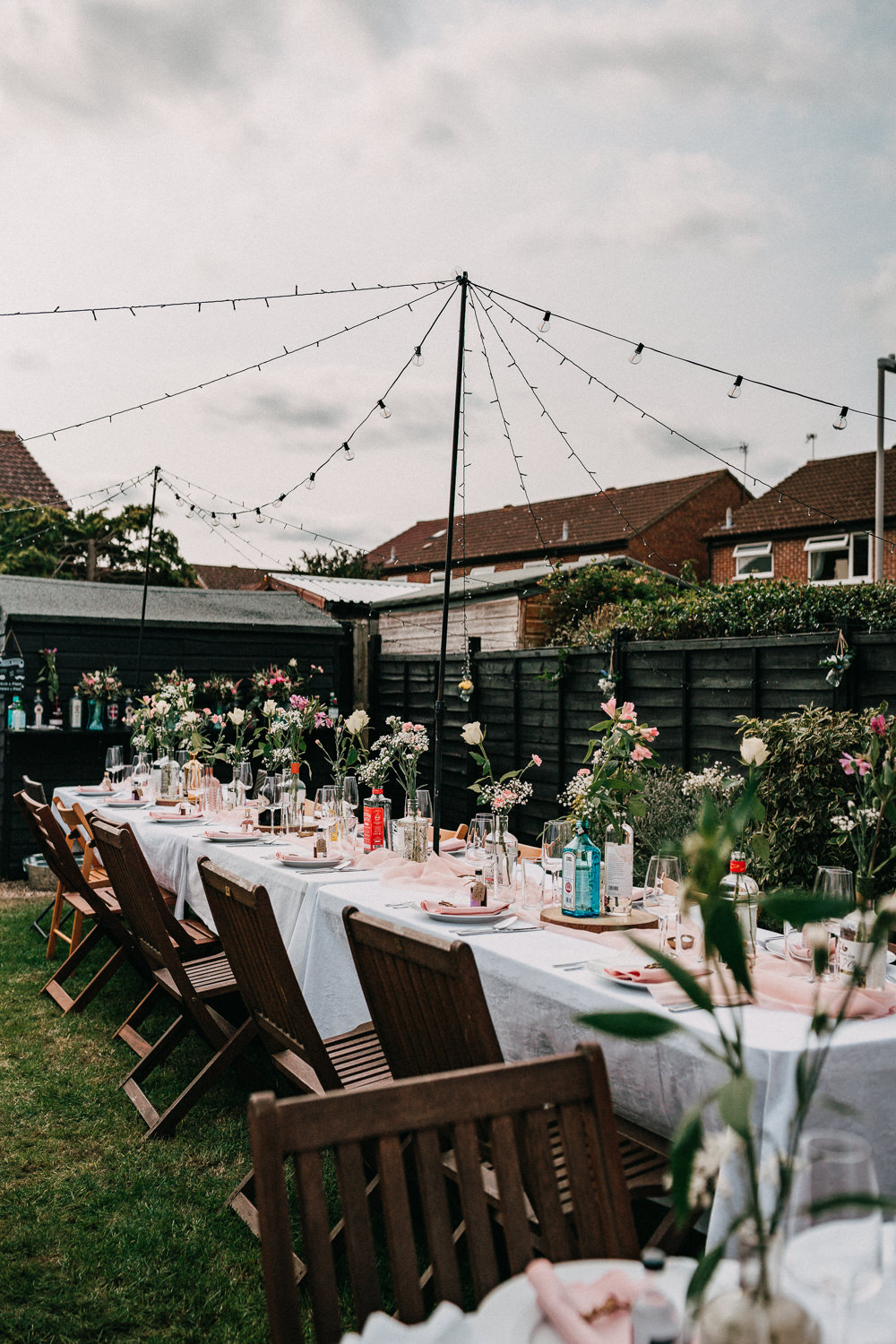 Back Garden Reception Tables Festoon Light Canopy Wedding At Home Emilie May Photography
