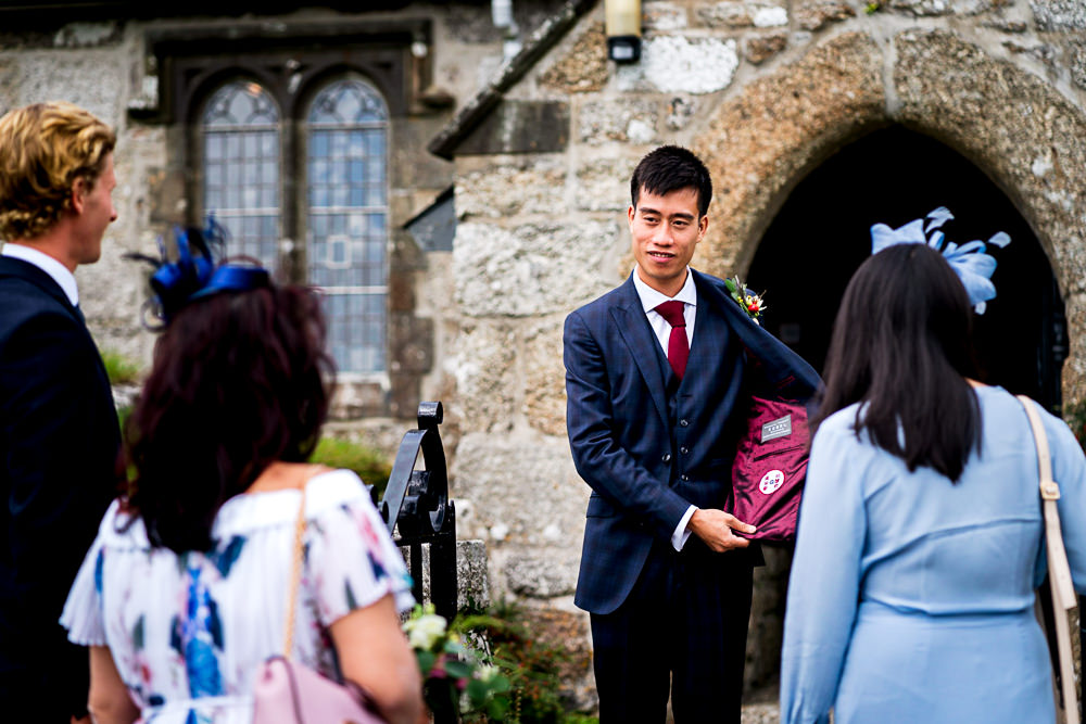 Groom Suit Blue Check Red Tie Wedding Cornwall Lee Maxwell