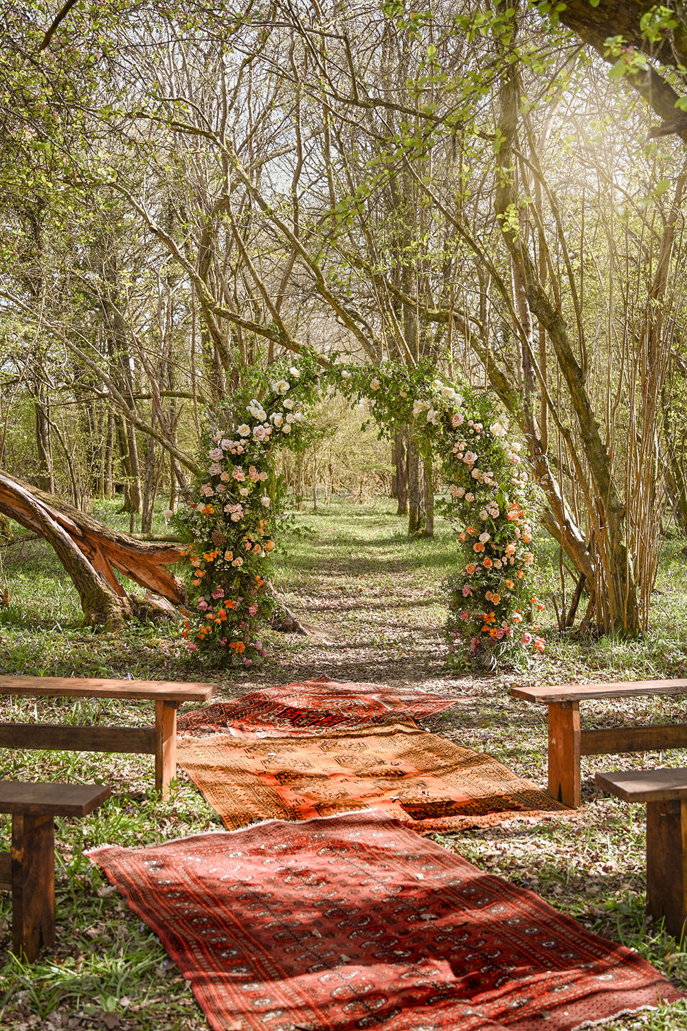 Rainbow Ombre Flower Arch Woodland Ceremony Wooden Wedding Ideas Emily Montay