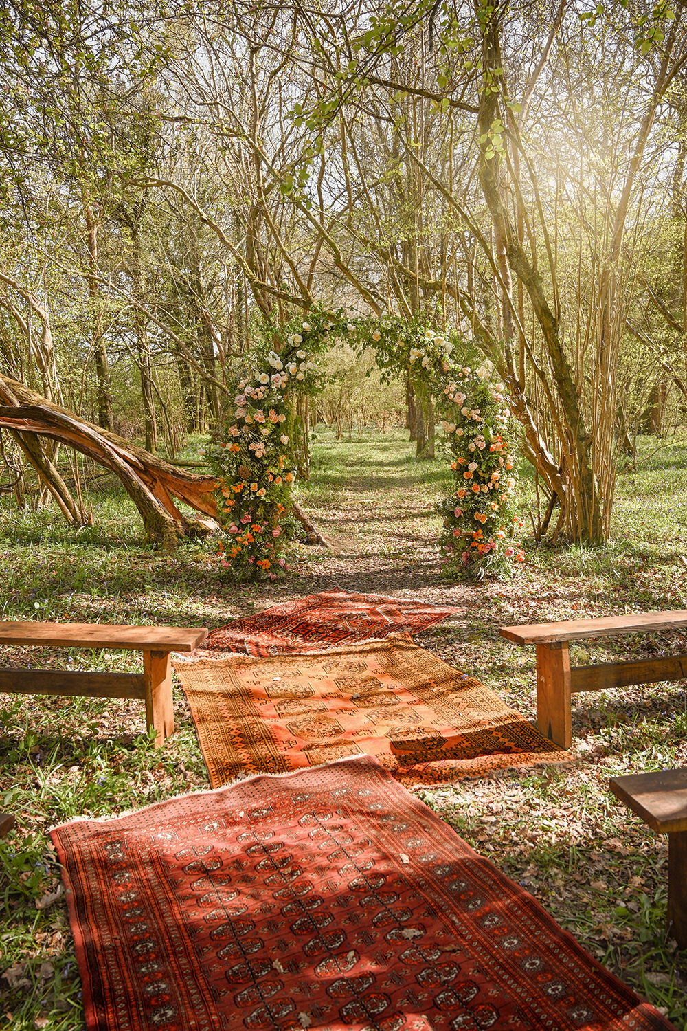 Rainbow Ombre Flower Arch Woodland Ceremony Wooden Wedding Ideas Emily Montay