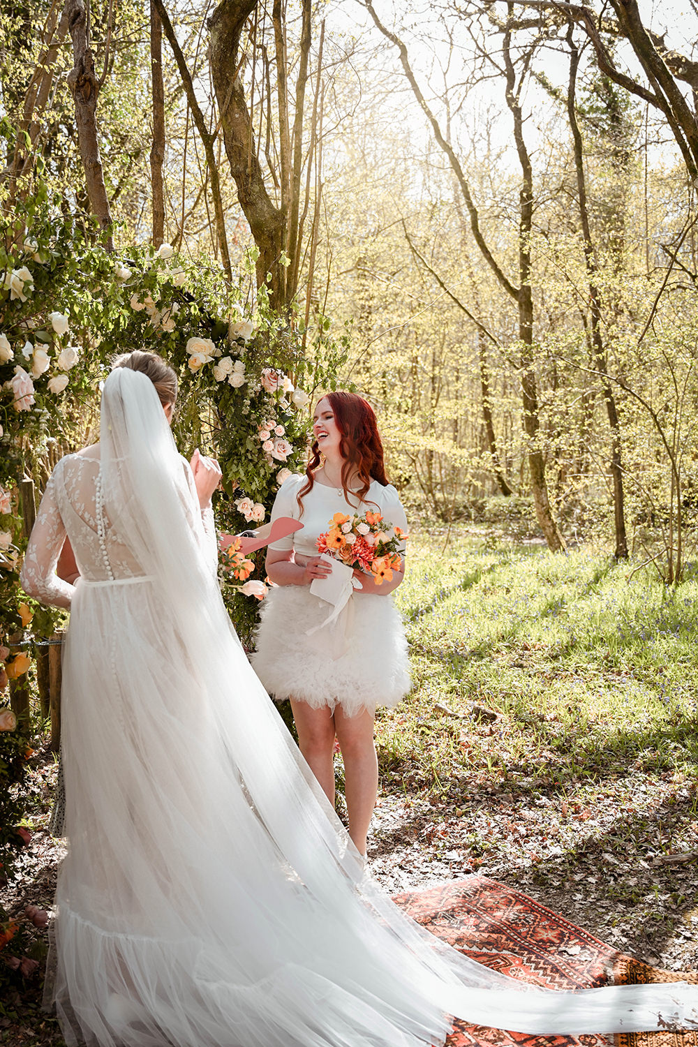 Rainbow Ombre Flower Arch Woodland Ceremony Wooden Wedding Ideas Emily Montay
