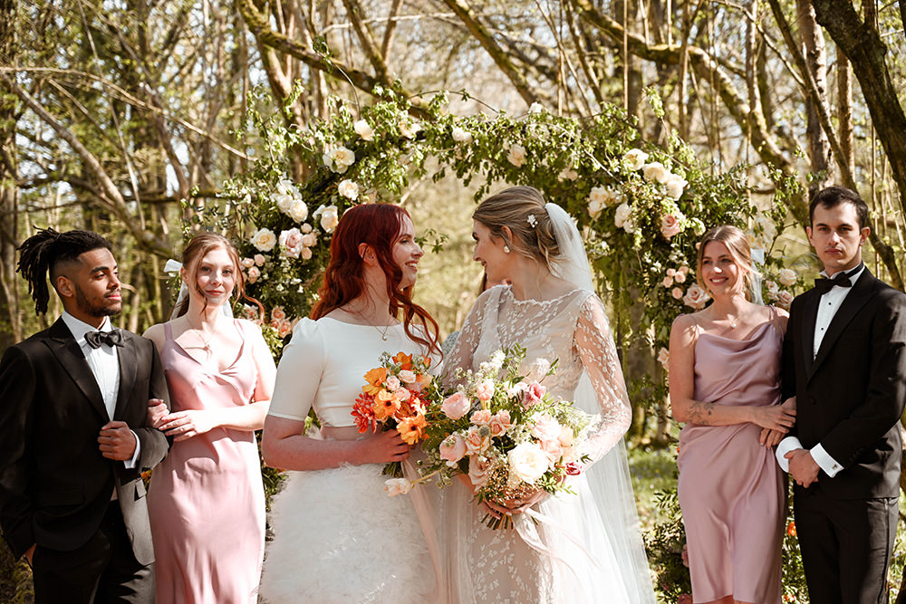 Rainbow Ombre Flower Arch Woodland Ceremony Wooden Wedding Ideas Emily Montay