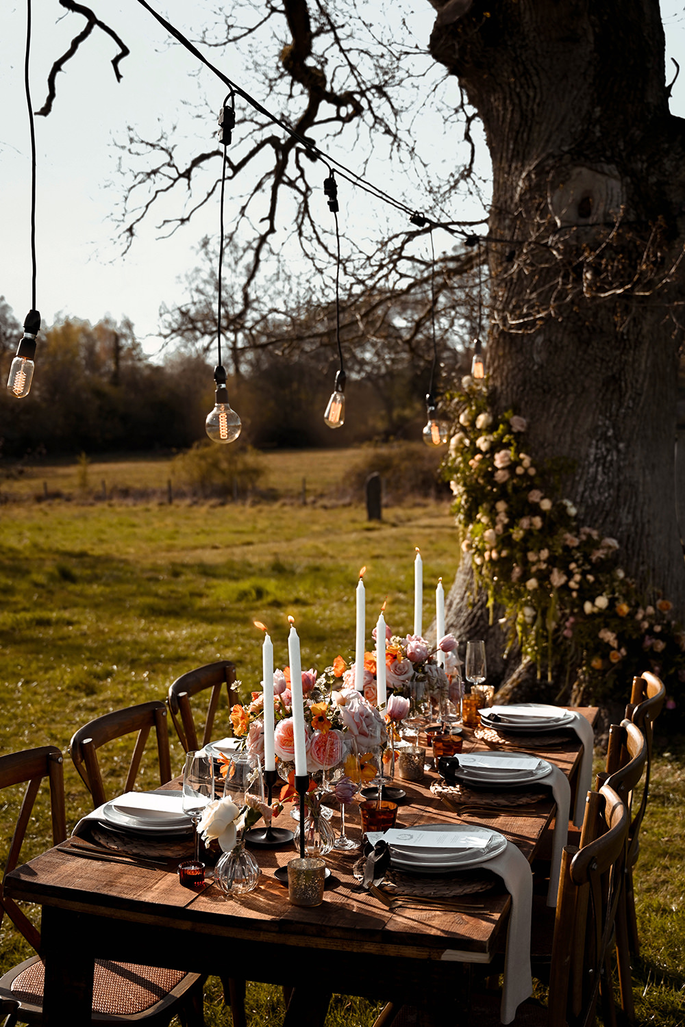 Outdoor Reception Table Coral Peach Flowers Candles Wooden Wedding Ideas Emily Montay