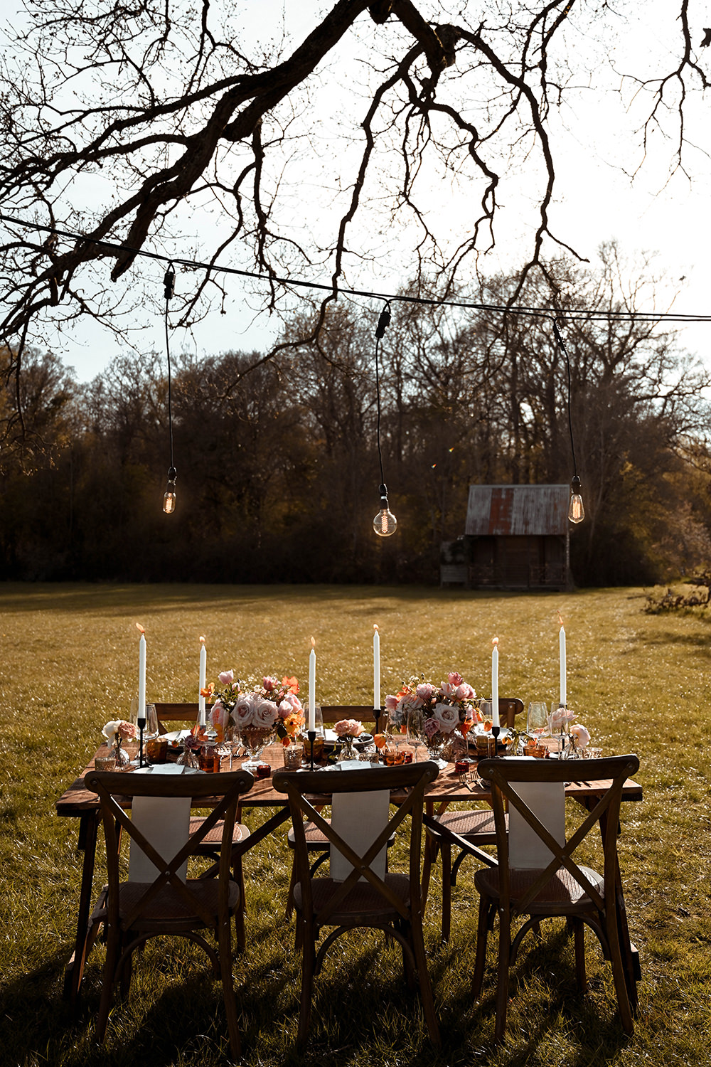 Outdoor Reception Table Coral Peach Flowers Candles Wooden Wedding Ideas Emily Montay