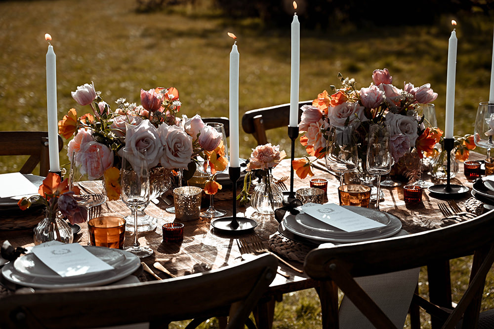Outdoor Reception Table Coral Peach Flowers Candles Wooden Wedding Ideas Emily Montay