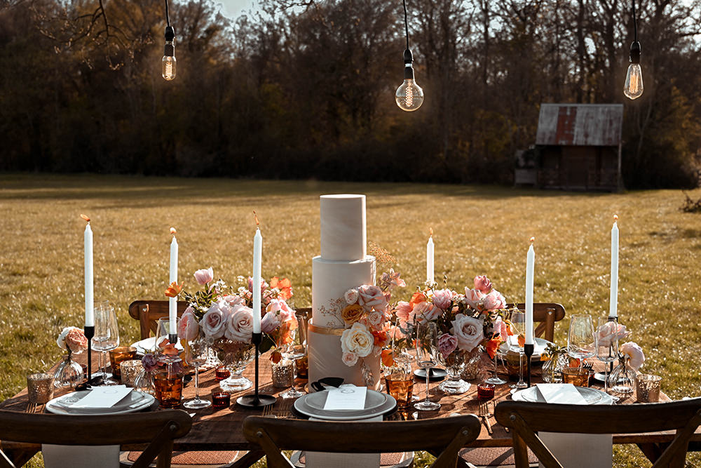 Outdoor Reception Table Coral Peach Flowers Candles Wooden Wedding Ideas Emily Montay