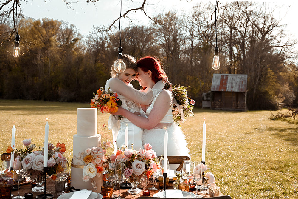 Outdoor Reception Table Coral Peach Flowers Candles Wooden Wedding Ideas Emily Montay