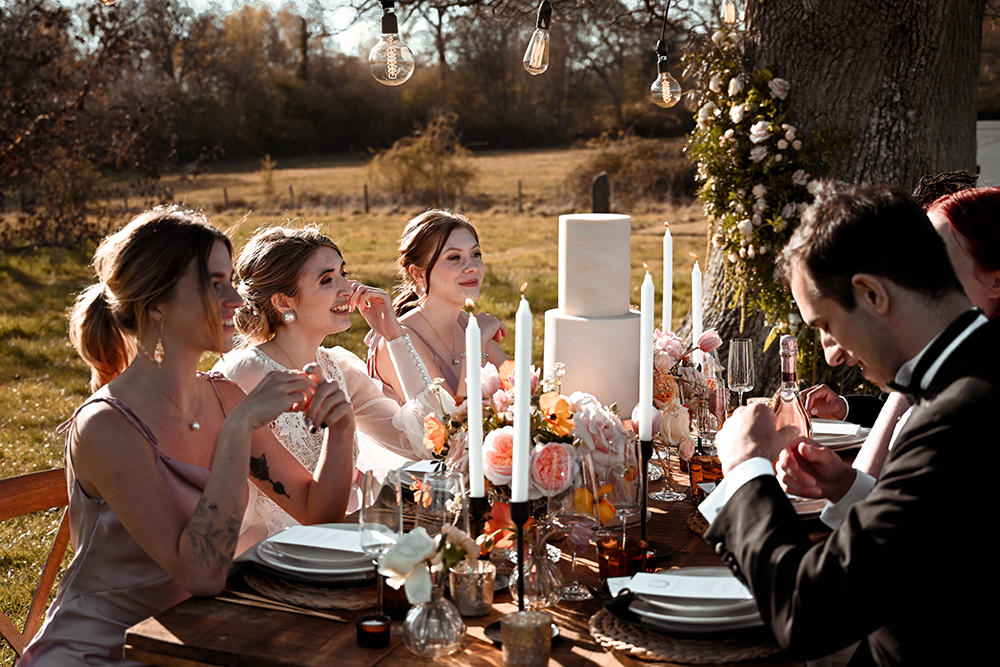 Outdoor Reception Table Coral Peach Flowers Candles Wooden Wedding Ideas Emily Montay