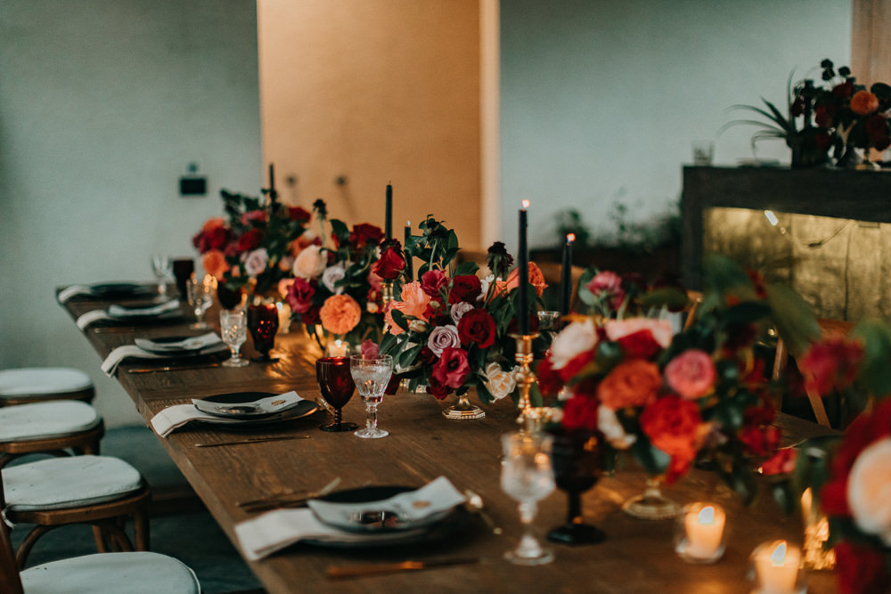 Table Tablescape Wooden Candles Roses Flowers Red Orange 16 Tulum Wedding Romad Photography