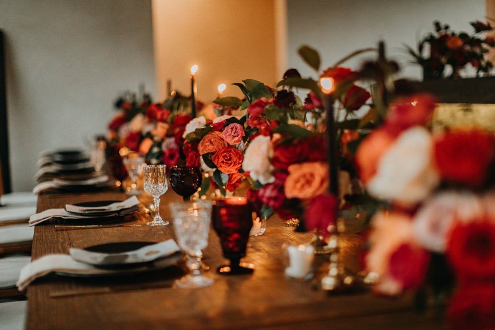Table Tablescape Wooden Candles Roses Flowers Red Orange 16 Tulum Wedding Romad Photography