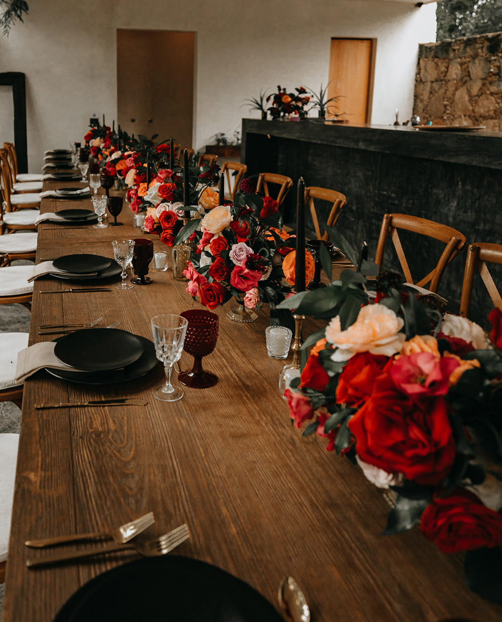 Table Tablescape Wooden Candles Roses Flowers Red Orange 16 Tulum Wedding Romad Photography