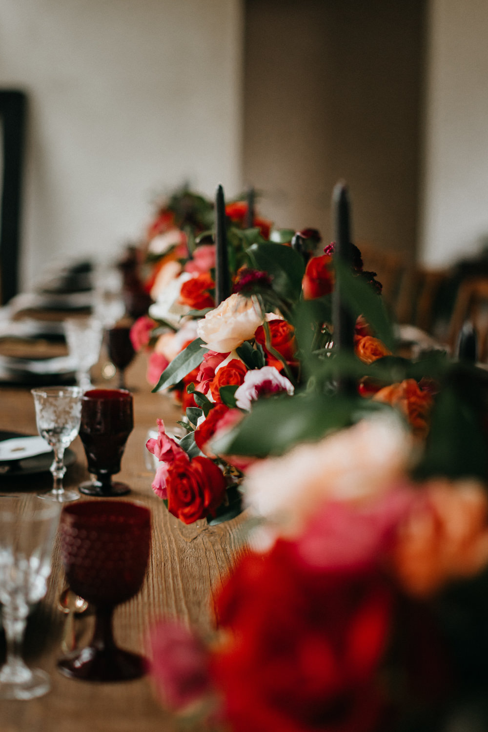 Table Tablescape Wooden Candles Roses Flowers Red Orange 16 Tulum Wedding Romad Photography