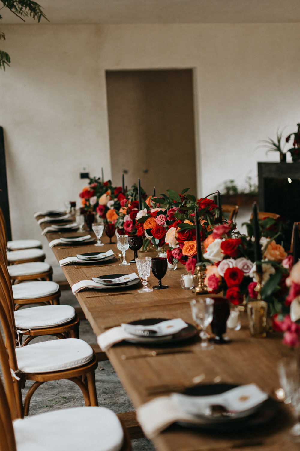 Table Tablescape Wooden Candles Roses Flowers Red Orange 16 Tulum Wedding Romad Photography