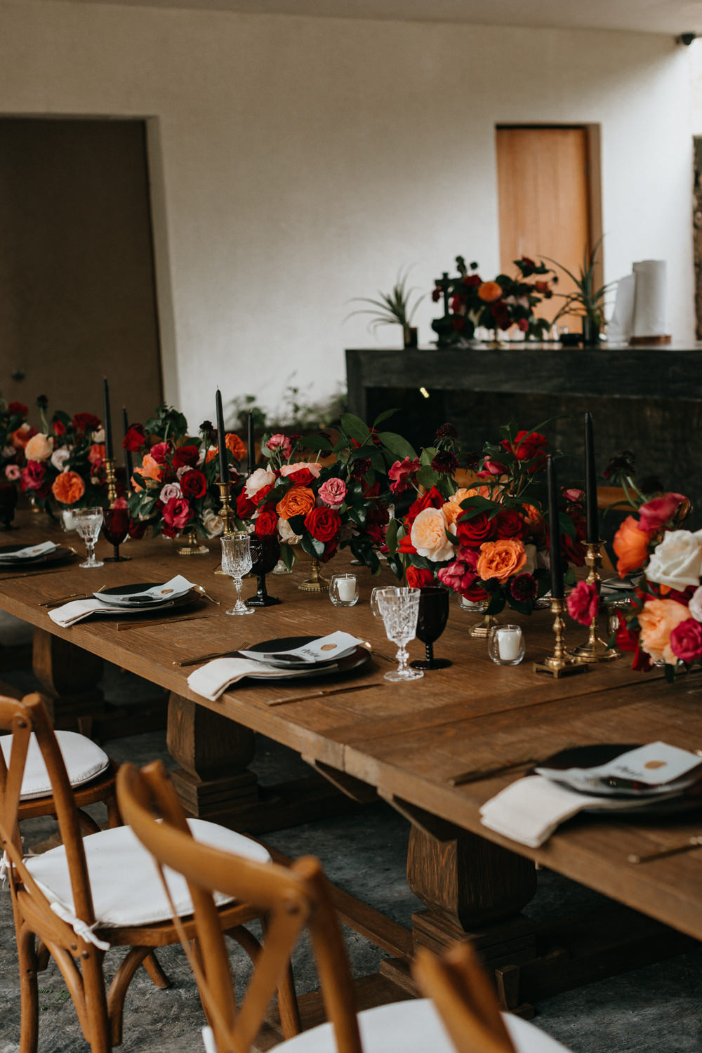 Table Tablescape Wooden Candles Roses Flowers Red Orange 16 Tulum Wedding Romad Photography