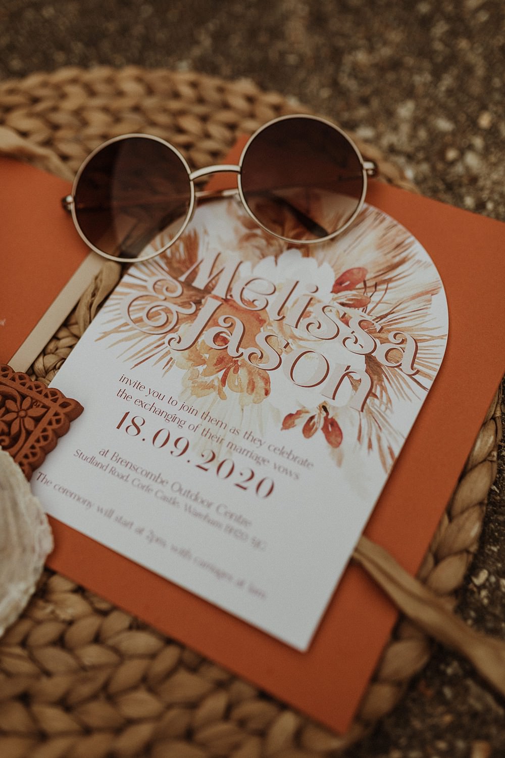 Beach Boho Wedding Lola Rose Photography Stationery Invite Invitation Curve Orange Retro