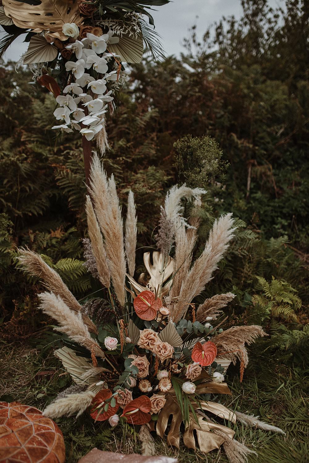 Flower Arrangement Pampas Grass Orange Beach Boho Wedding Lola Rose Photography