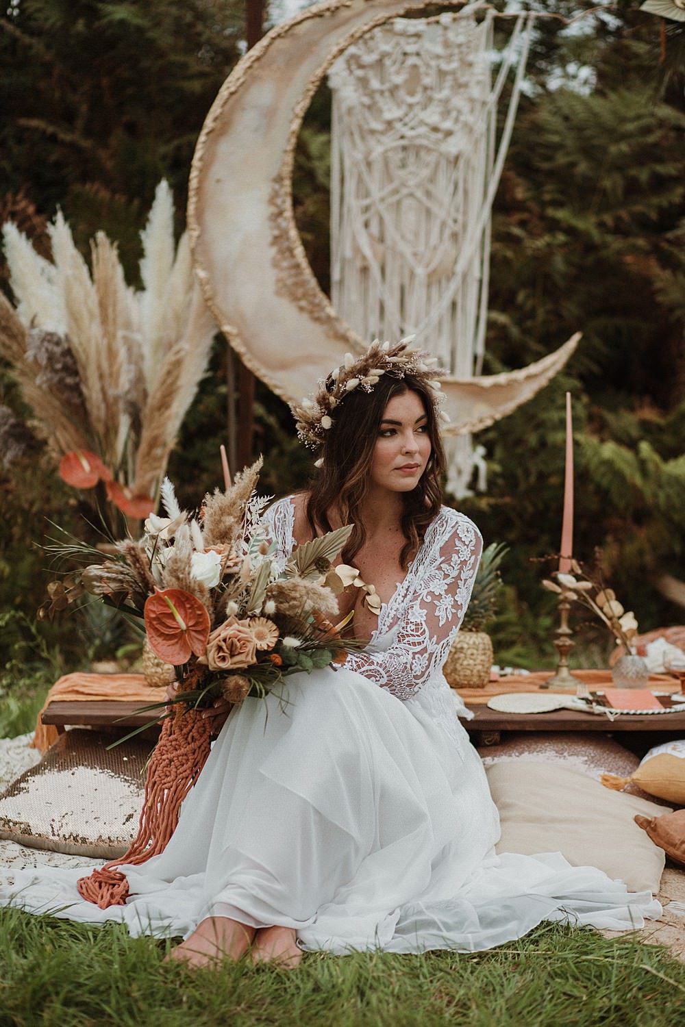 Beach Boho Wedding Lola Rose Photography Moon Crescent Backdrop Macrame Flowers Decor