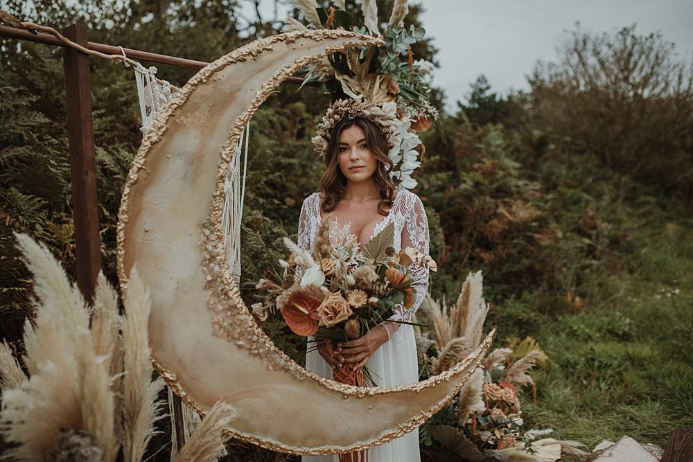 Beach Boho Wedding Lola Rose Photography Moon Crescent Backdrop Macrame Flowers Decor