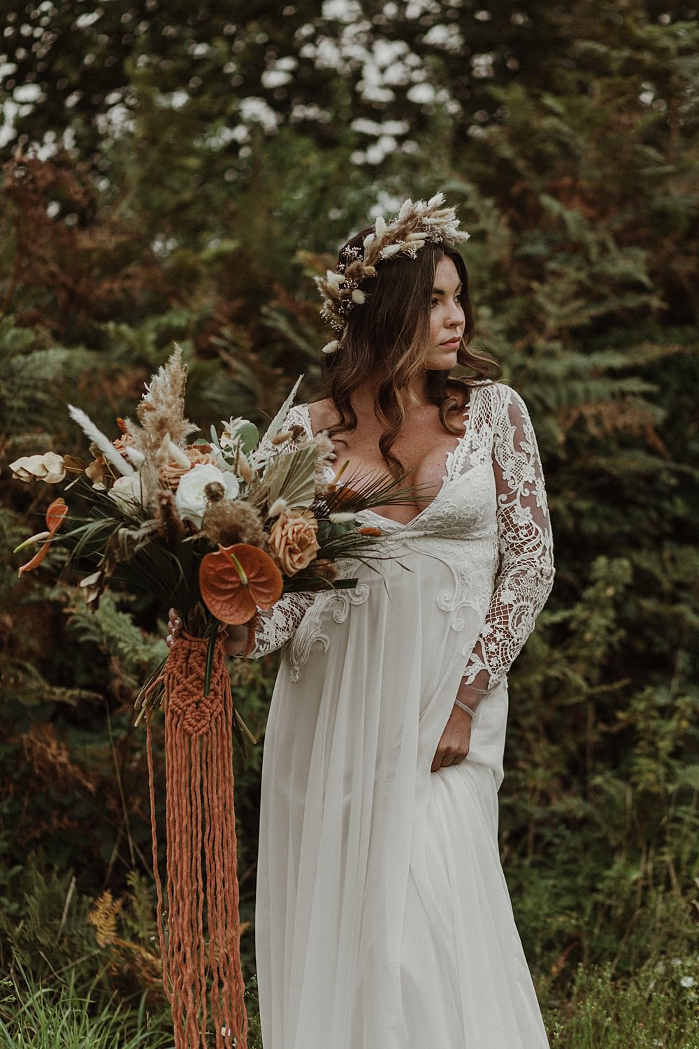 Dress Gown Bride Bridal Long Sleeves Lace Bouquet Flowers Orange Rust Ribbon Beach Boho Wedding Lola Rose Photography
