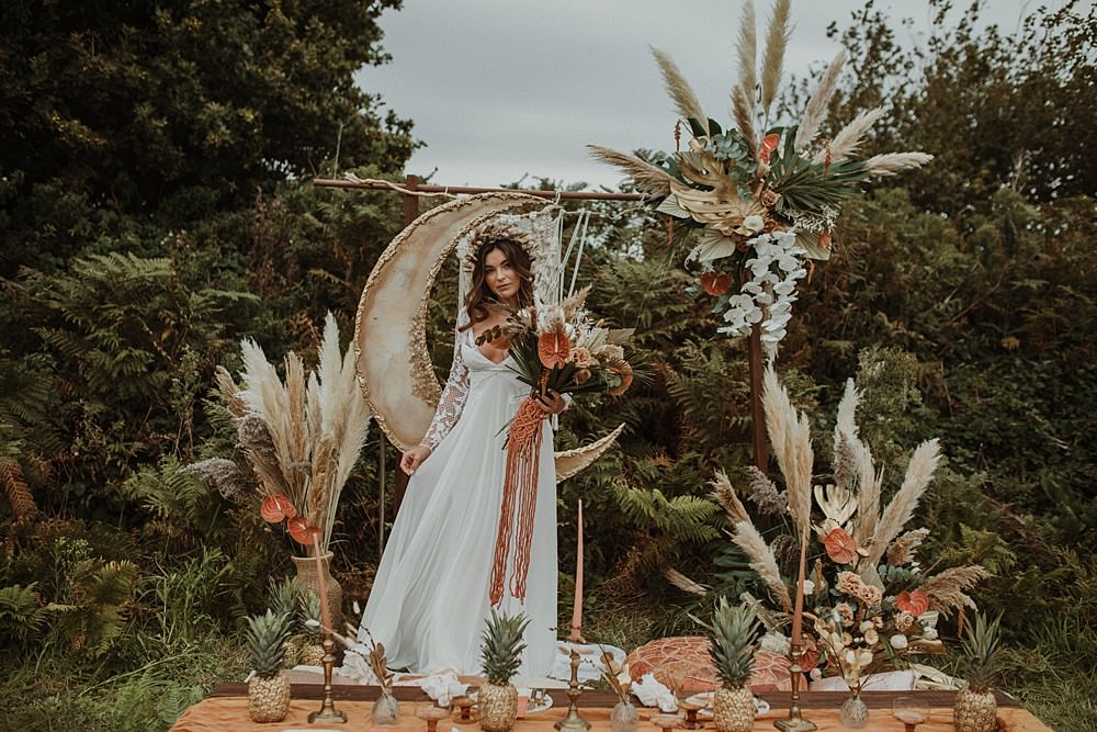 Beach Boho Wedding Lola Rose Photography Moon Crescent Backdrop Macrame Flowers Decor