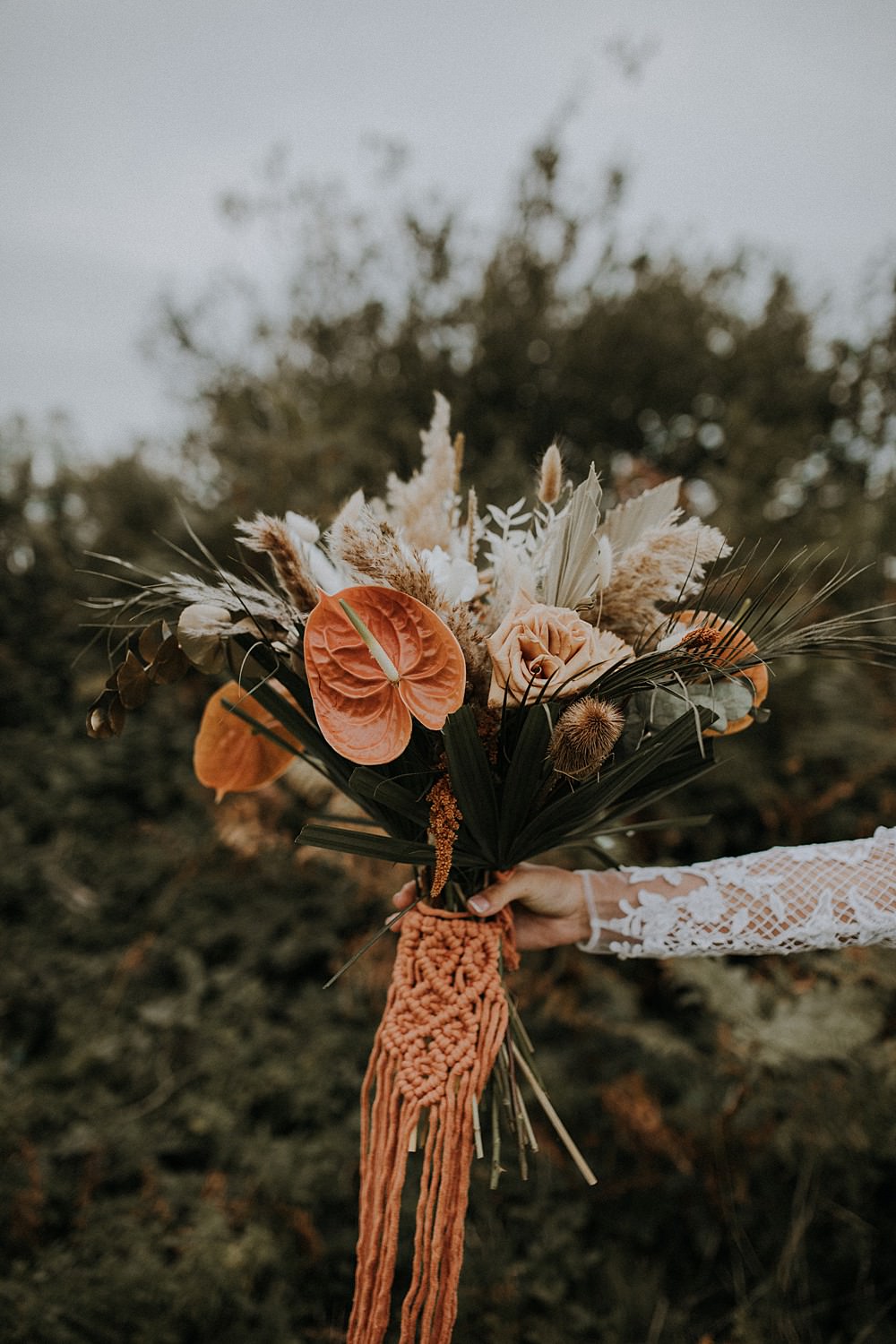 Bouquet Flowers Bride Bridal Rust Orange Ribbon Pampas Grass Beach Boho Wedding Lola Rose Photography