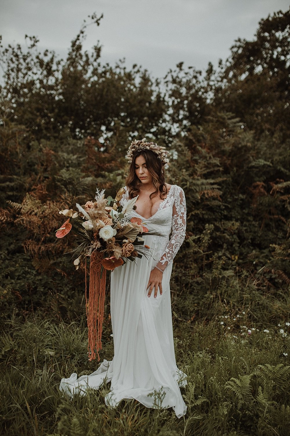 Dress Gown Bride Bridal Long Sleeves Lace Bouquet Flowers Orange Rust Ribbon Beach Boho Wedding Lola Rose Photography