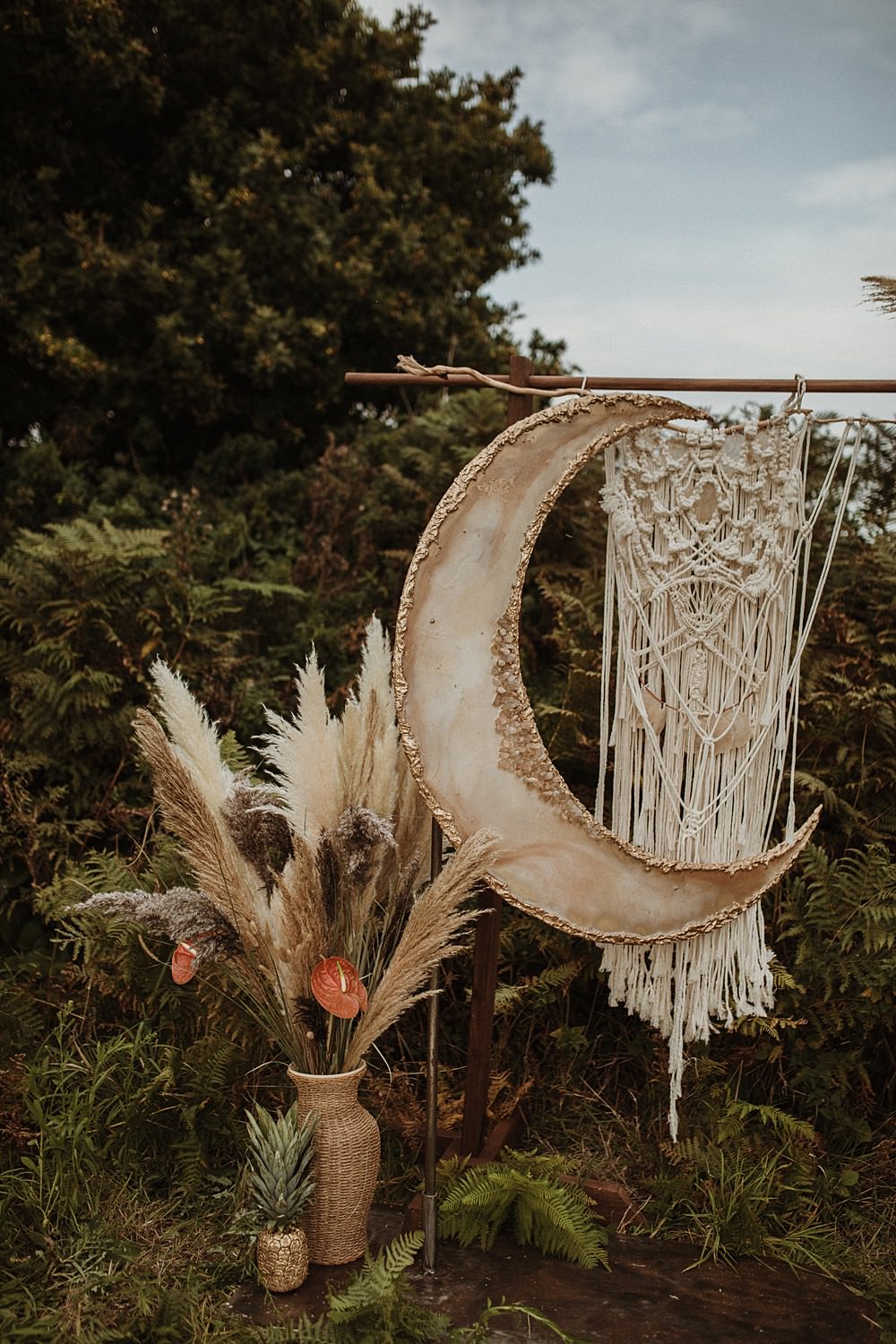 Moon Crescent Backdrop Macrame Flowers Decor Beach Boho Wedding Lola Rose Photography