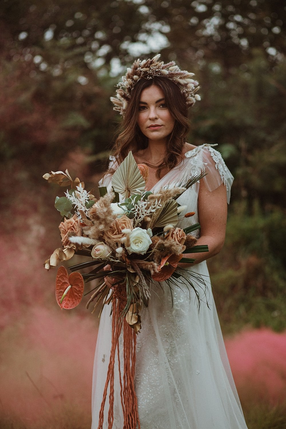 Dress Gown Bride Bridal Long Sleeves Lace Bouquet Flowers Orange Rust Ribbon Beach Boho Wedding Lola Rose Photography