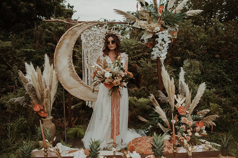 Beach Boho Wedding Lola Rose Photography Moon Crescent Backdrop Macrame Flowers Decor