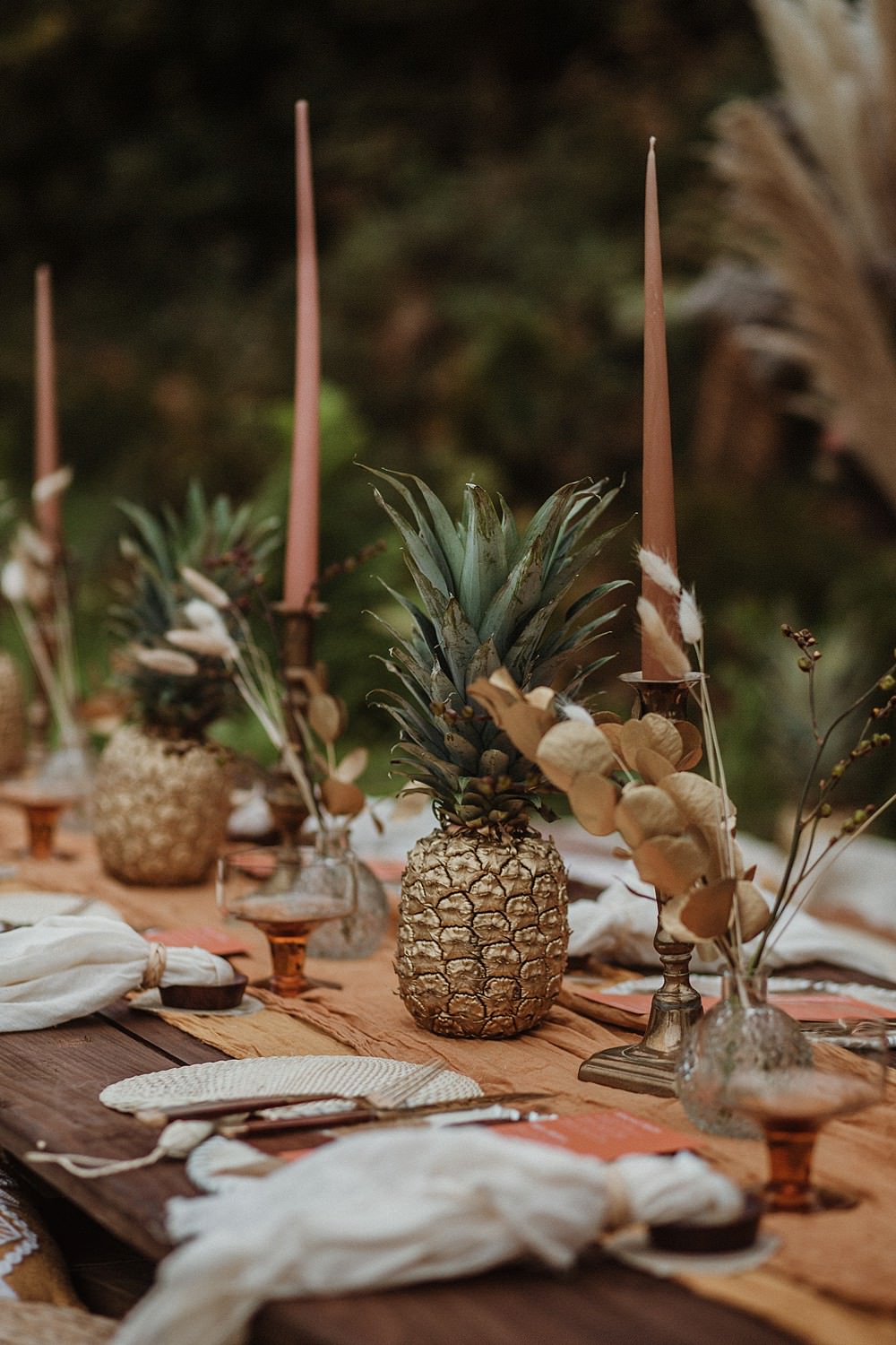 Table Tablescape Decor Pineapples Candles Flowers Tableware Beach Boho Wedding Lola Rose Photography
