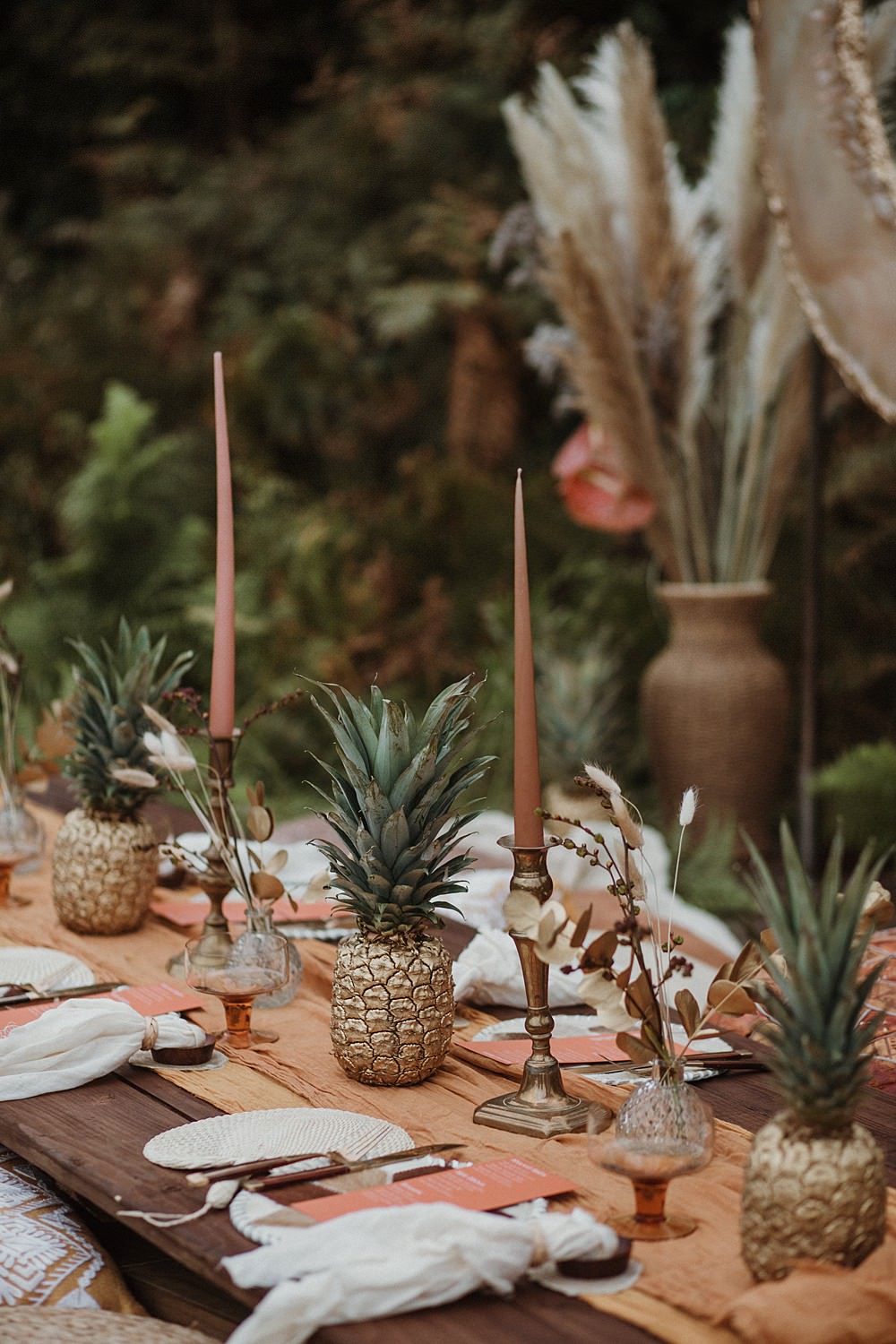 Table Tablescape Decor Pineapples Candles Flowers Tableware Beach Boho Wedding Lola Rose Photography
