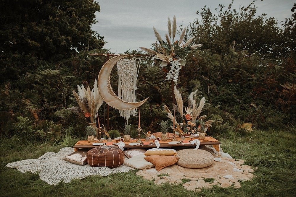 Moon Crescent Backdrop Macrame Flowers Decor Beach Boho Wedding Lola Rose Photography