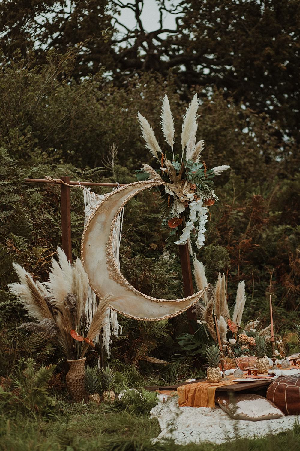 Moon Crescent Backdrop Macrame Flowers Decor Beach Boho Wedding Lola Rose Photography