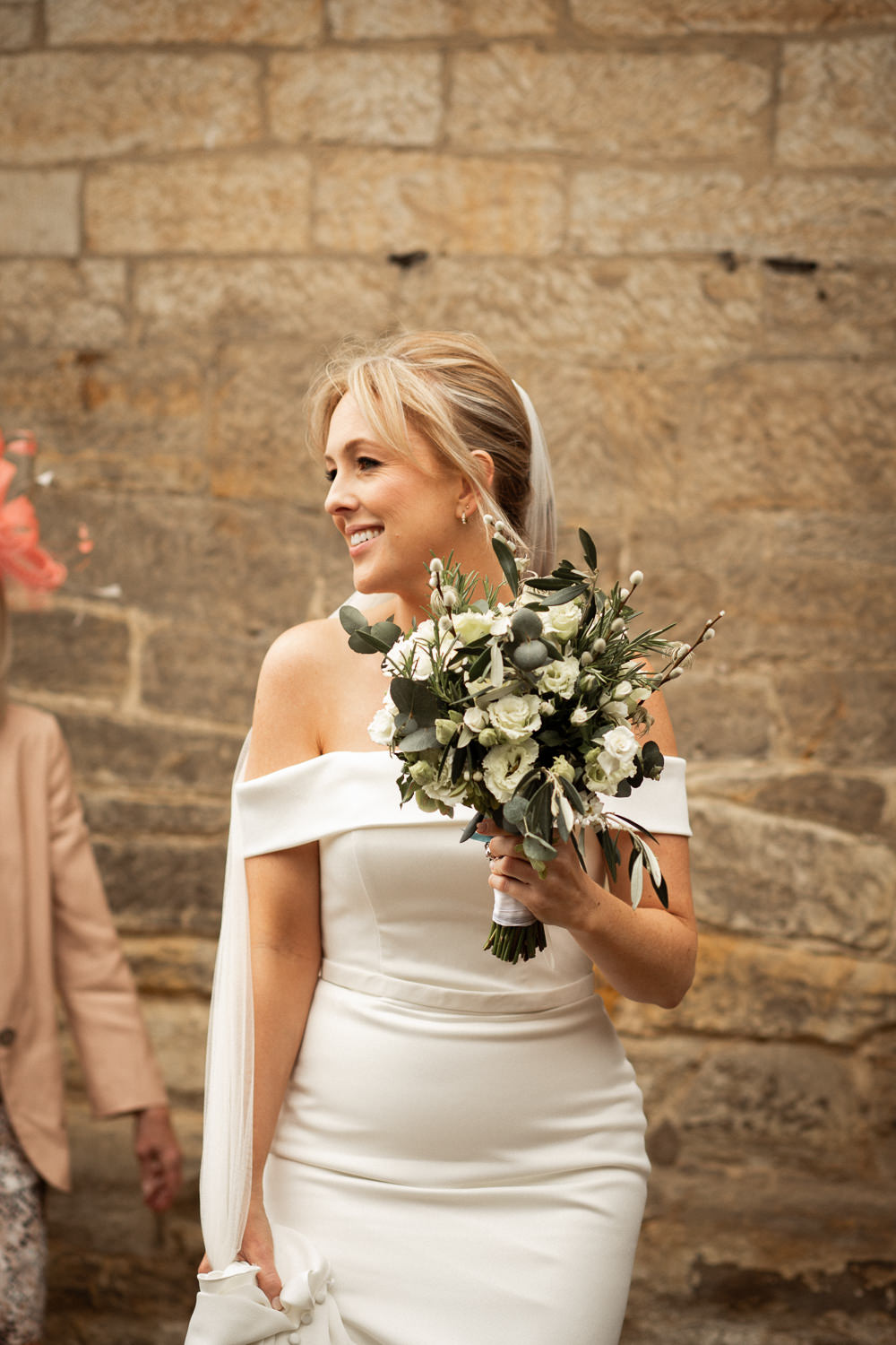 Dress Gown Bride Bridal Fitted Off Shoulder Veil Beacon Wedding Lottie Topping Photography