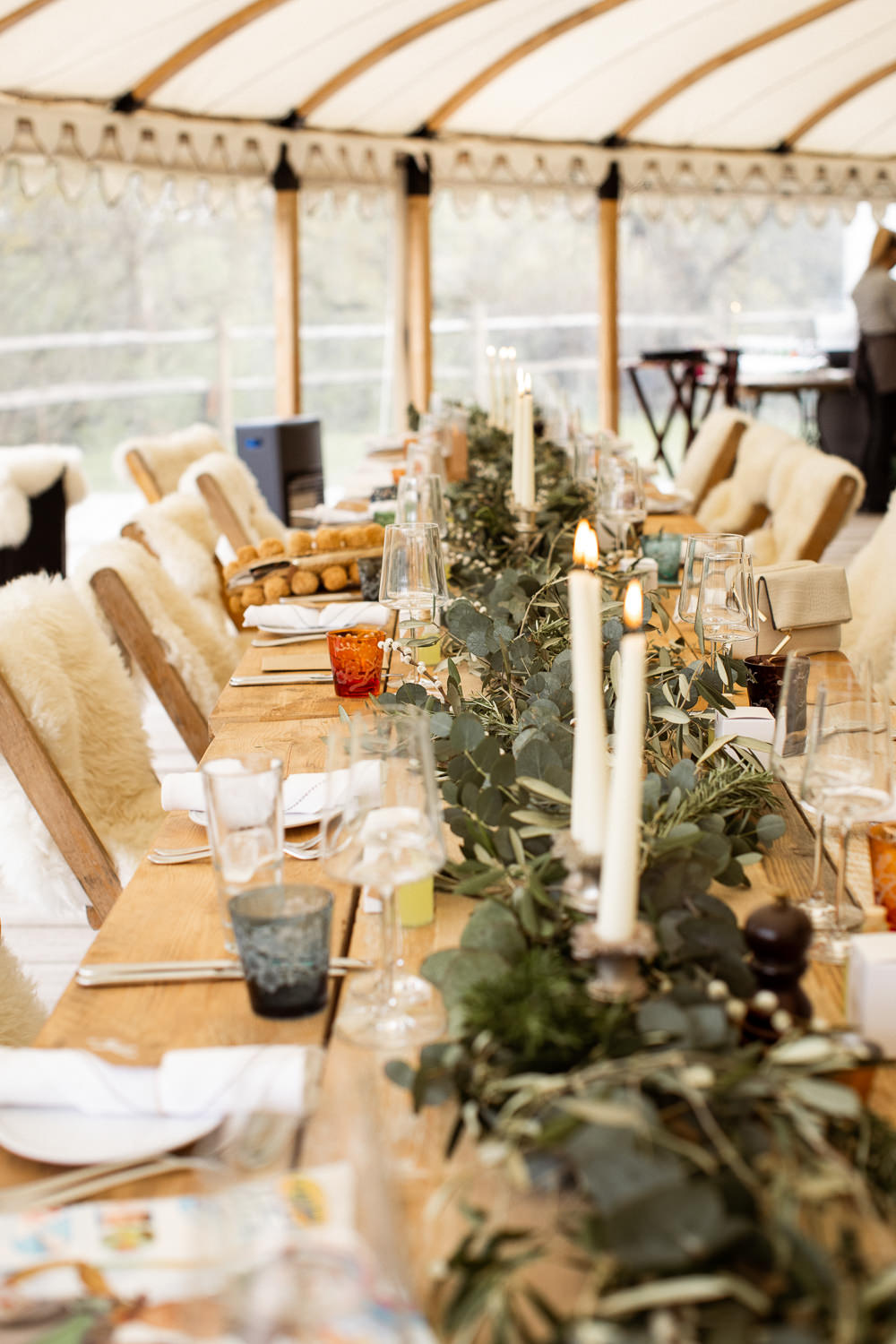 Table Decor Greenery Candles Scandi Sheepskin Chairs Beacon Wedding Lottie Topping Photography