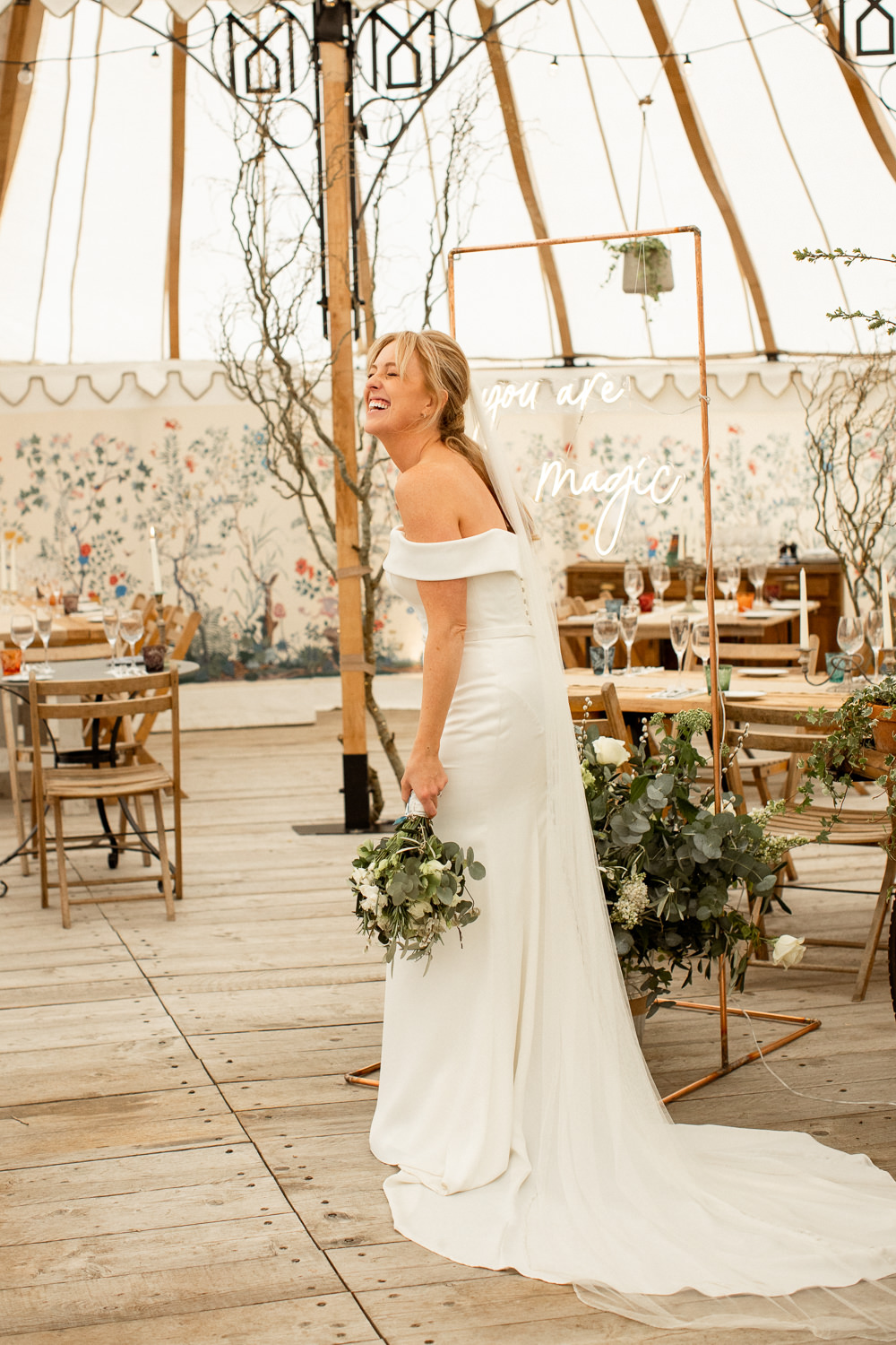 Dress Gown Bride Bridal Fitted Off Shoulder Veil Beacon Wedding Lottie Topping Photography
