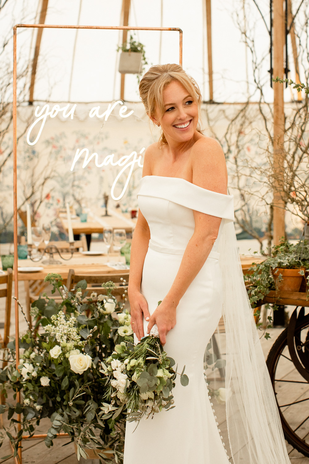 Dress Gown Bride Bridal Fitted Off Shoulder Veil Beacon Wedding Lottie Topping Photography