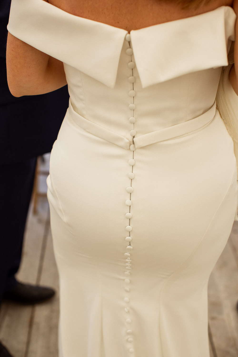 Dress Gown Bride Bridal Fitted Off Shoulder Veil Buttons Beacon Wedding Lottie Topping Photography