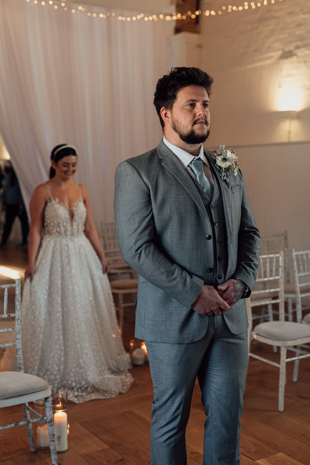 Groom Suit Grey Tie Blue Spring Wedding Clare Smith Photography