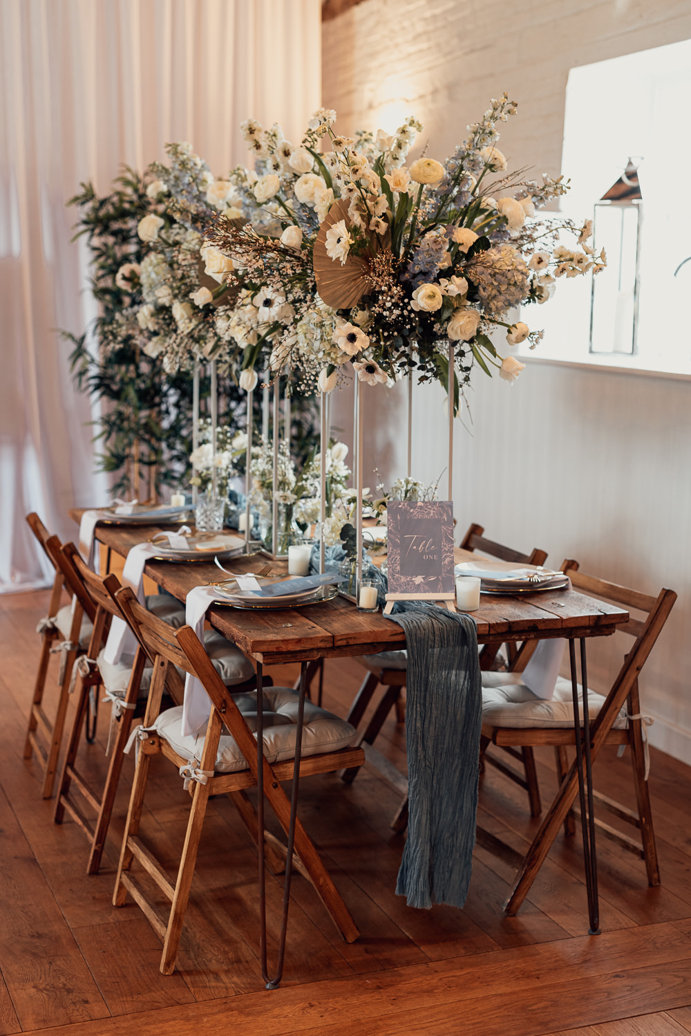 Table Decor Tablescape Wooden Chairs Tall Flowers Candles Blue Spring Wedding Clare Smith Photography