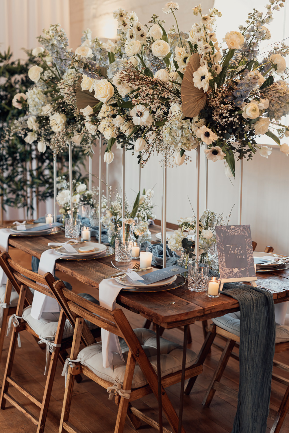 Table Decor Tablescape Wooden Chairs Tall Flowers Candles Blue Spring Wedding Clare Smith Photography