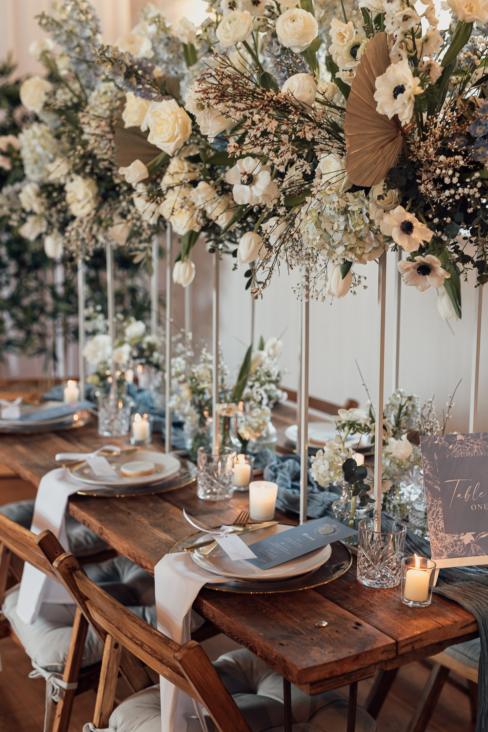 Table Decor Tablescape Wooden Chairs Tall Flowers Candles Blue Spring Wedding Clare Smith Photography