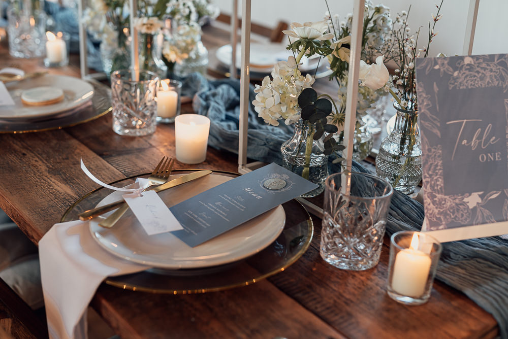 Place Setting Decor Menu Blue Spring Wedding Clare Smith Photography