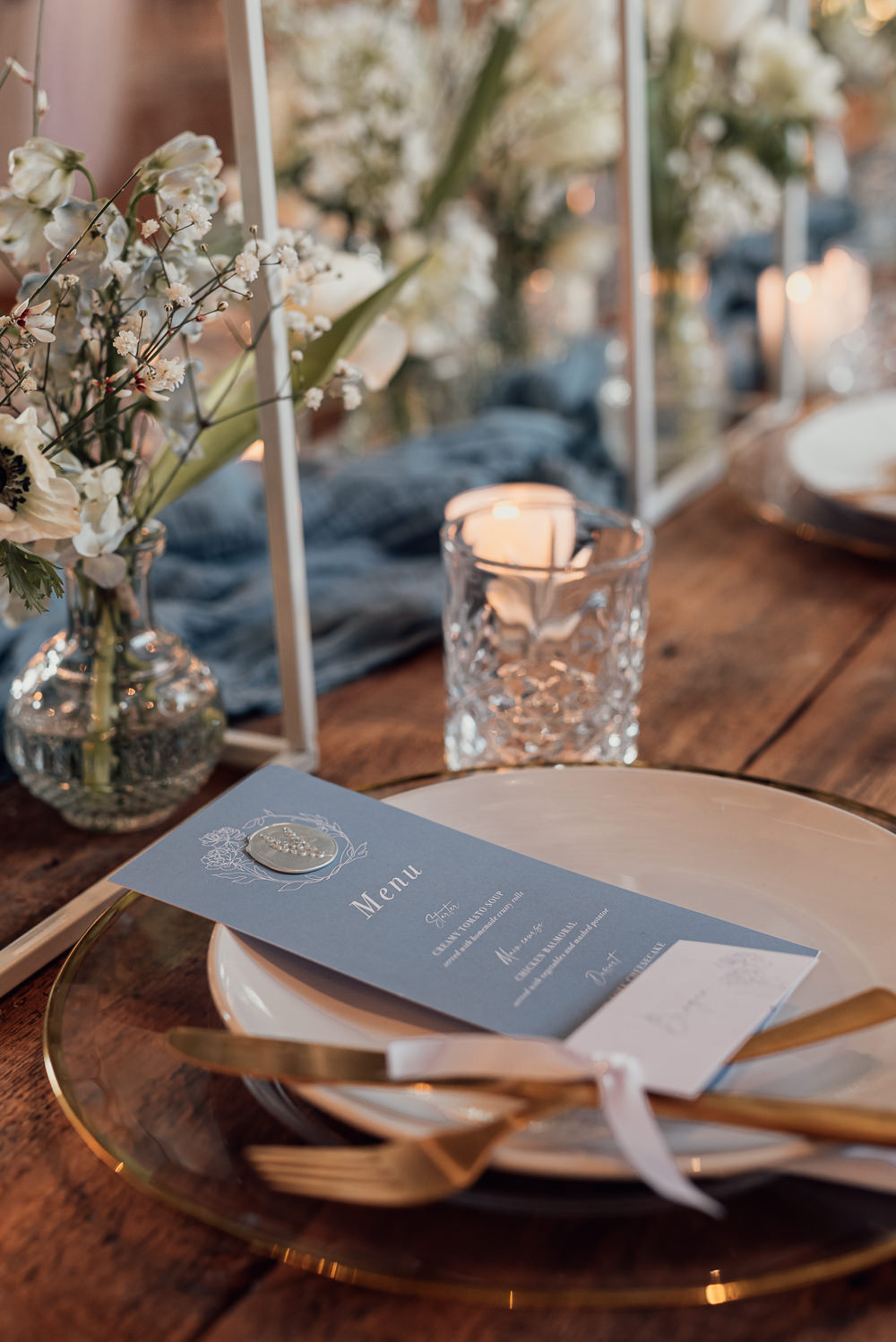 Place Setting Decor Menu Blue Spring Wedding Clare Smith Photography