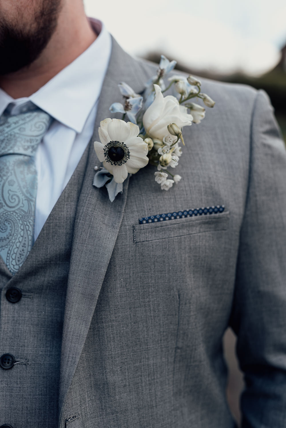 Groom Suit Grey Tie Buttonhole Flowers Blue Spring Wedding Clare Smith Photography
