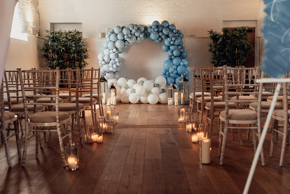 Balloon Moongate Ceremony Aisle Backdrop Candles Blue Spring Wedding Clare Smith Photography