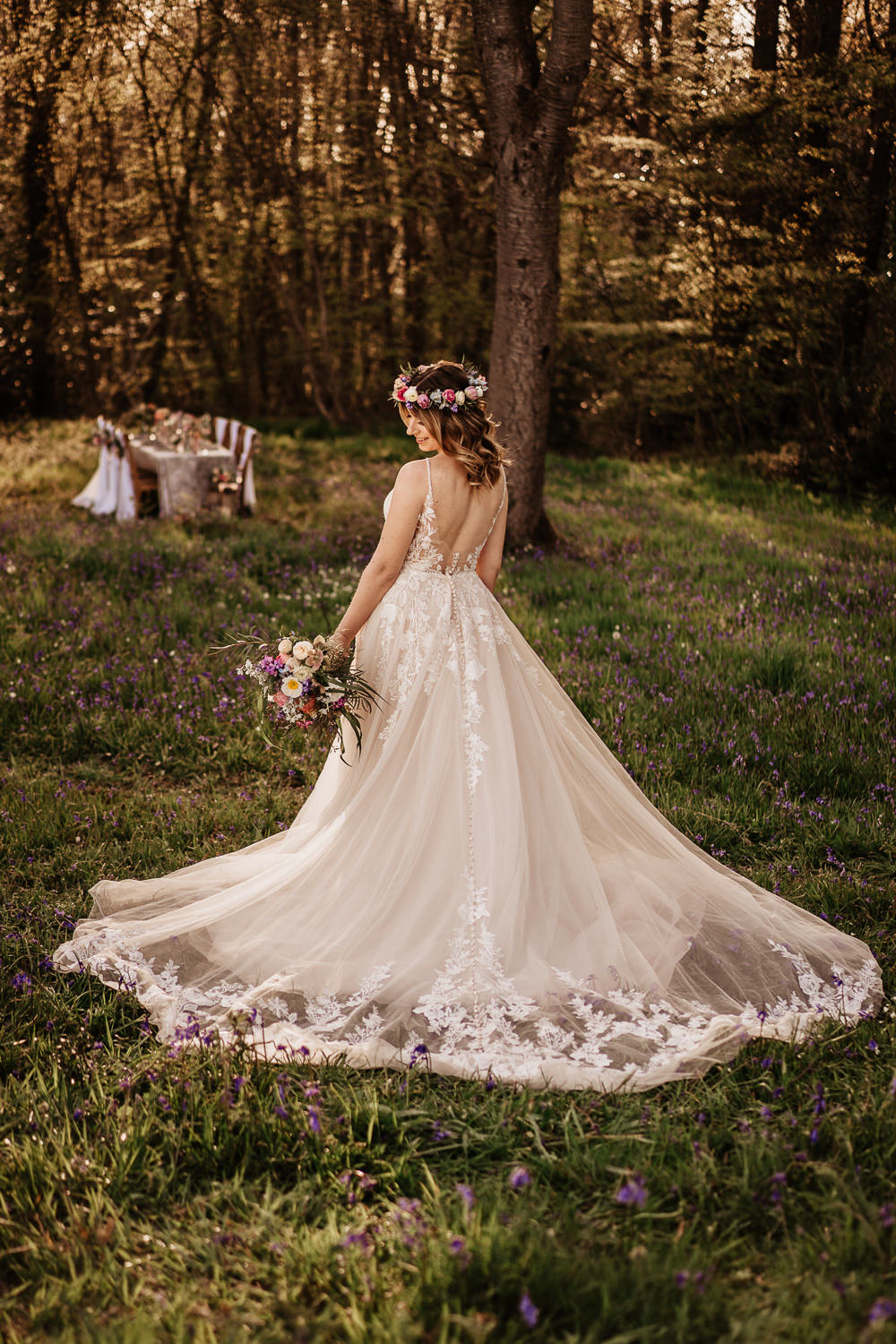 Dress Gown Bride Bridal Train Tulle Lace Bluebell Wood Wedding Ideal Imaging
